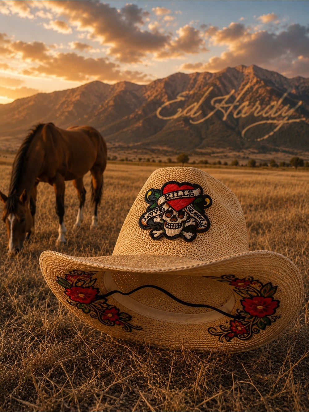 Ed Hardy Straw Cowboy Hat is a classic fusion of Western style, early-2000s Y2K